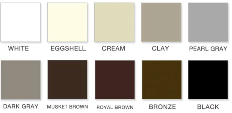 Seamless aluminum gutter color chart: White, Eggshell, Cream, Clay, Pearl Gray, Dark Gray, Musket Brown, Royal Brown, Bronze and Black