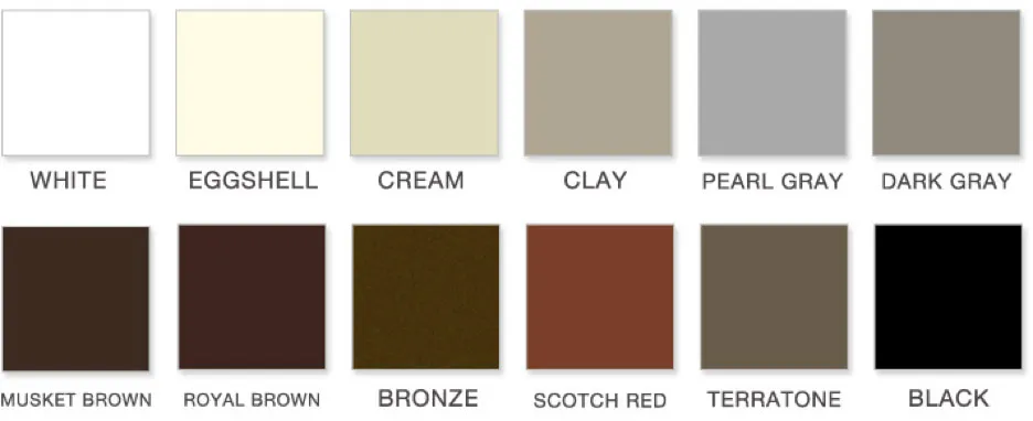 Gutter Roof color chart: White, Eggshell, Cream, Clay, Pearl Gray, Dark Gray, Musket Brown, Royal Brown, Bronze, Scotch Red, Terratone and Black