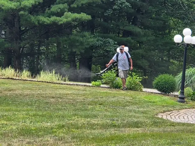 Technician misting garden beds along a stone walkway with a backpack sprayer