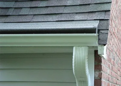 Corner detail of white Gutter Roof on a green house