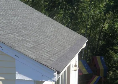 Gutter Roof at the gable end of a home under tall trees
